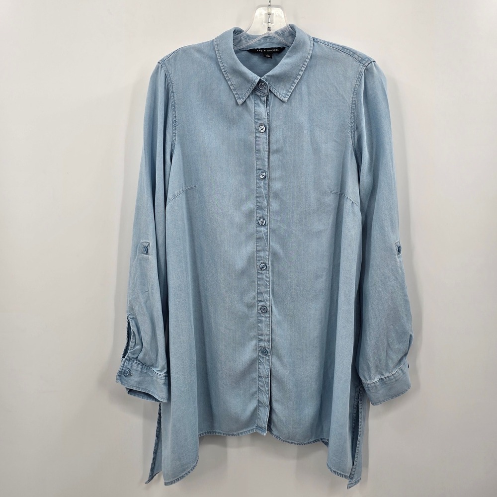 Zac & Rachel Shirt Womens M Denim Chambray Roll Tab Sleeve High Low Tunic